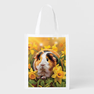 Guinea Pig Amongst The Daffodils Grocery Bag