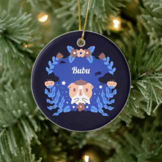 Guinea pig and blue flowers custom name ornament