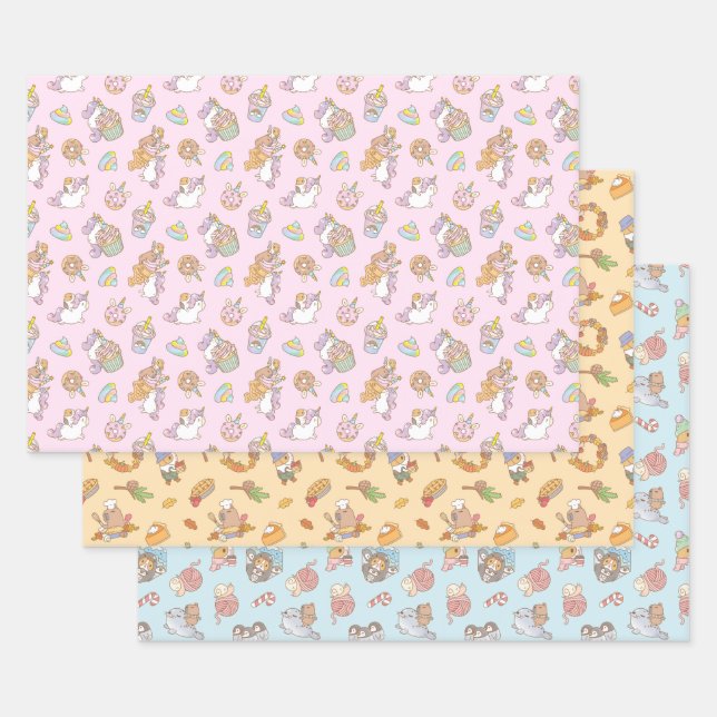 Guinea pig and capybara pattern set of three wrapping paper sheets (Set)