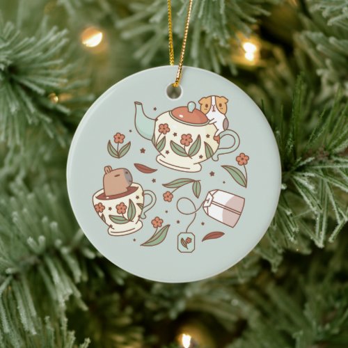 Guinea pig and capybara tea party ceramic ornament