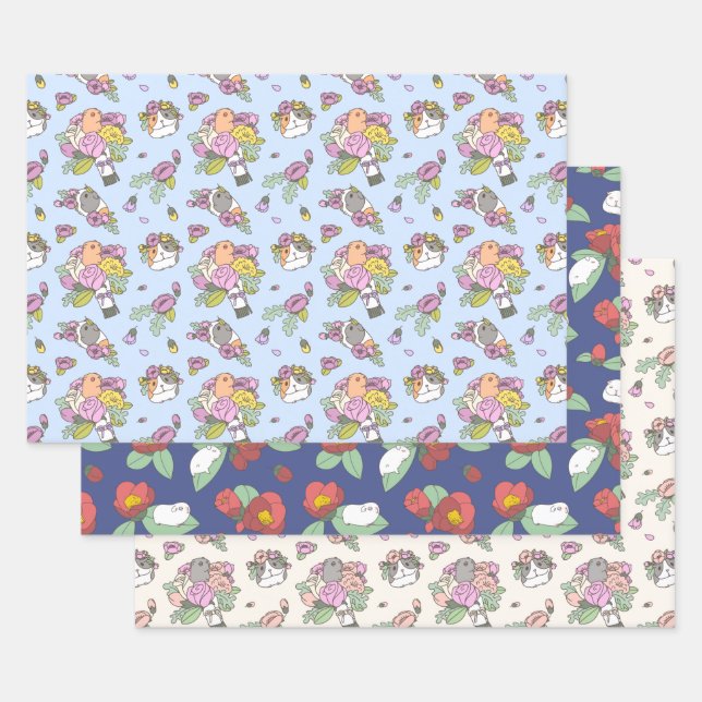 Guinea pig and flower patterns wrapping paper sheets (Set)