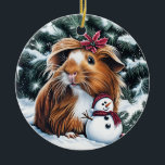 Guinea Pig and Snowman Christmas Ceramic Ornament<br><div class="desc">Decorate your Christmas tree with this adorable ornament featuring a charming guinea pig adorned with a crimson holly leaf, sitting beside a cheerful snowman. Surrounded by snowy pine branches and twinkling icicles, this delightful design captures the magic and warmth of the holiday season. Perfect for guinea pig lovers and anyone...</div>