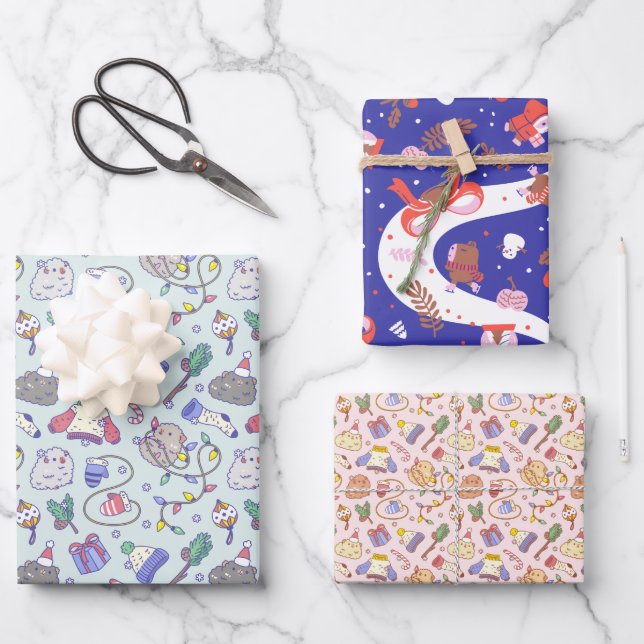 Guinea pig Christmas pattern set of 3 Wrapping Paper Sheets (Front)