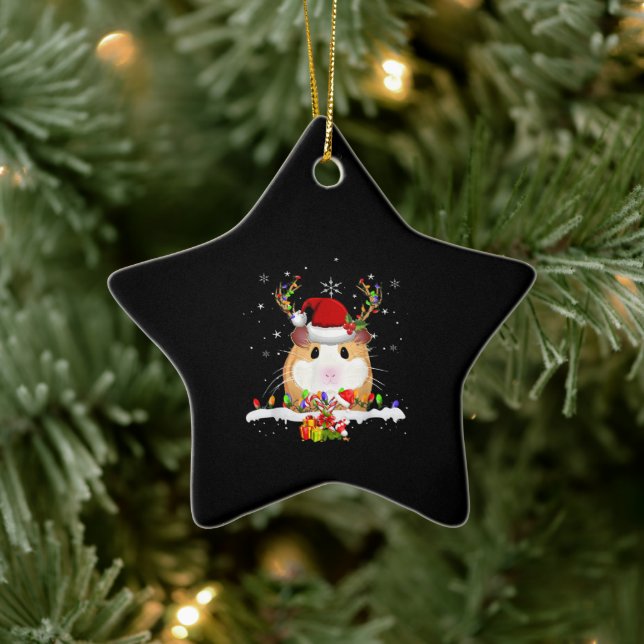 Guinea Pig Christmas Reindeer Christmas Lights Ceramic Ornament (Tree)