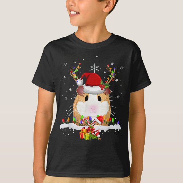 Guinea Pig Christmas Reindeer Christmas Lights T-Shirt (Front)