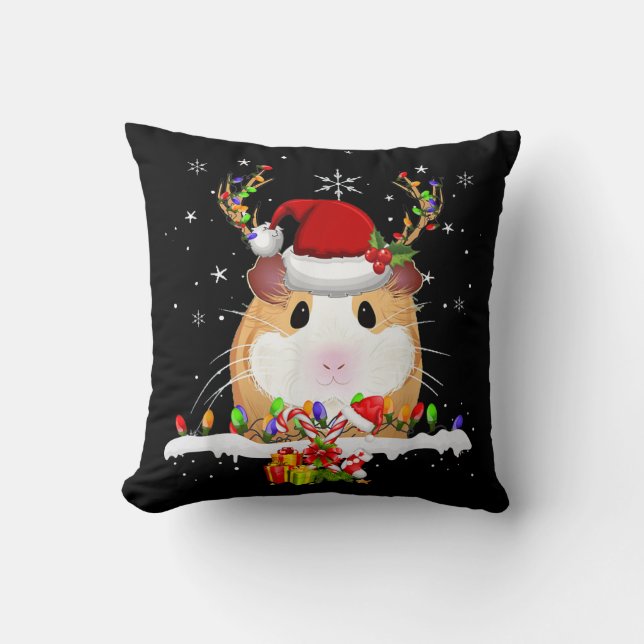Guinea Pig Christmas Reindeer Christmas Lights Throw Pillow (Front)