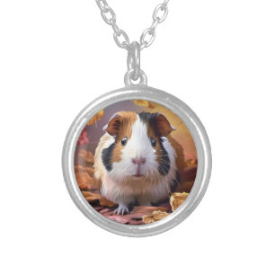 Guinea Pig & Falling Autumn Leaves Silver Plated Necklace
