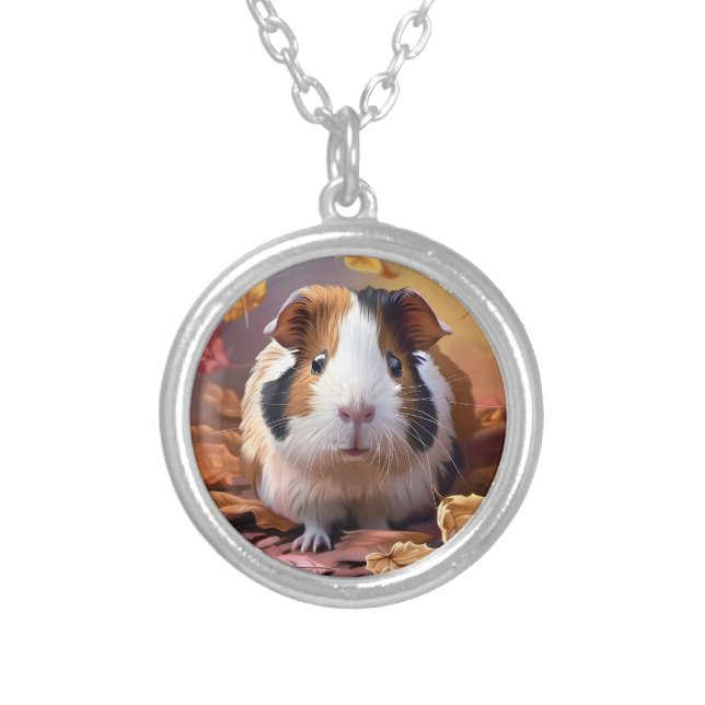 Guinea Pig & Falling Autumn Leaves  Silver Plated Necklace (Front)