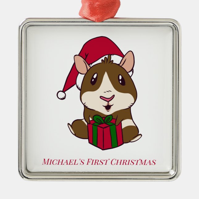 Guinea Pig First Christmas Holiday Personalized Metal Ornament (Front)