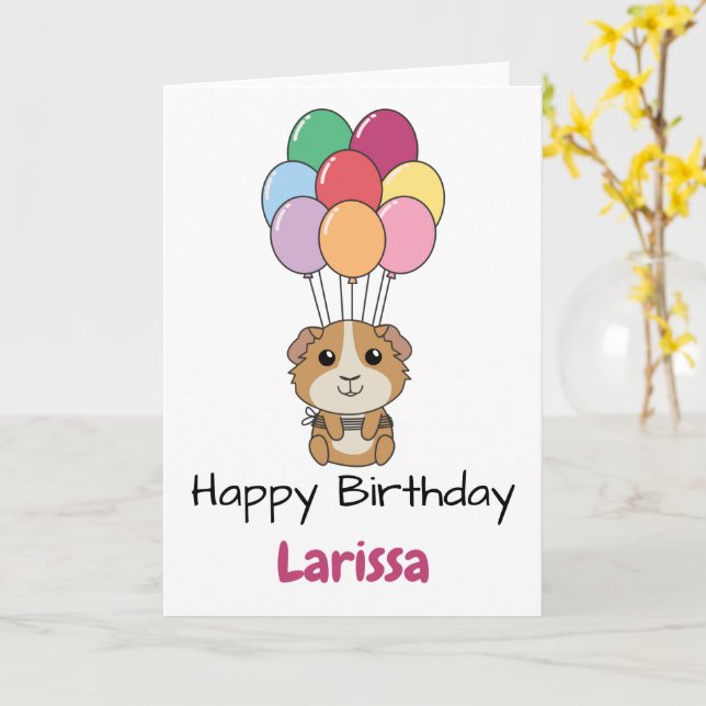 Guinea Pig Flies With Colorful Balloons Card (Yellow Flower)