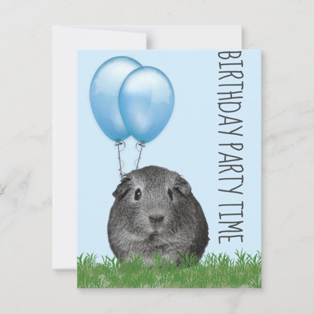 Guinea Pig Girly Blue Balloon Custom Birthday Invitation (Front)