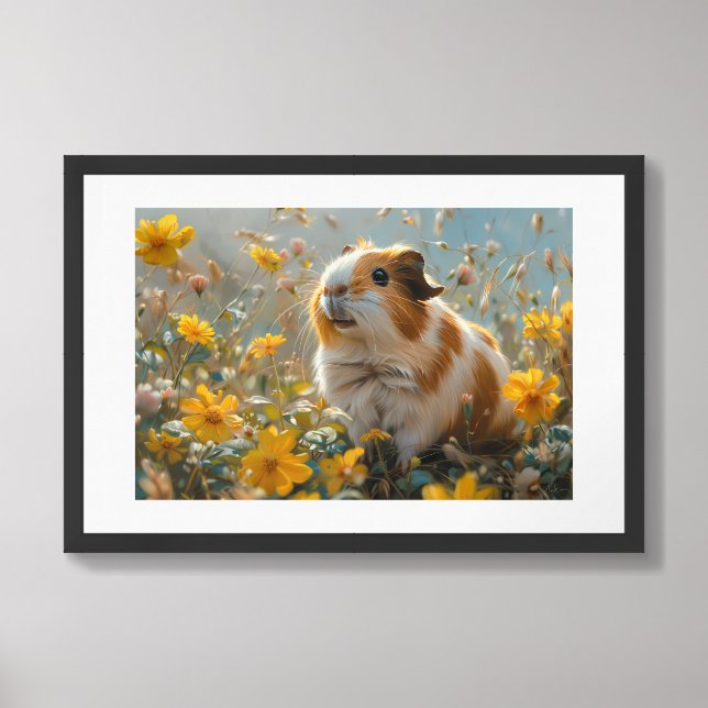 Guinea Pig Painting in a Field of Yellow Flowers Framed Art (Framed Front)
