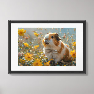 Guinea Pig Painting in a Field of Yellow Flowers Framed Art