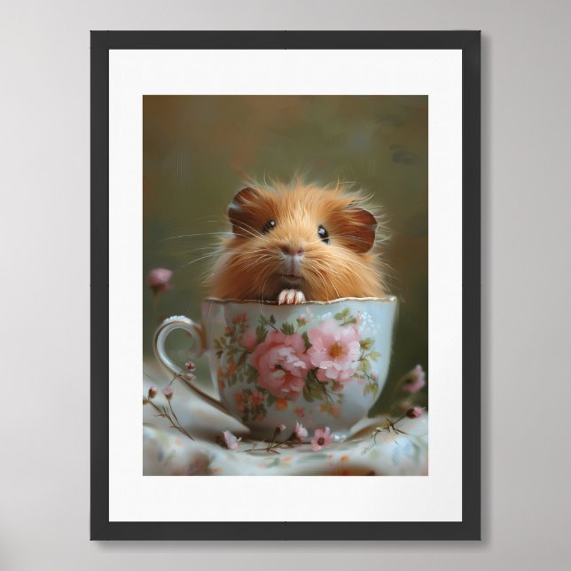 Guinea Pig Painting in a Floral Teacup Framed Art (Framed Front)
