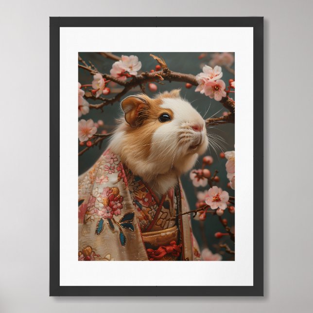 Guinea Pig Painting in Floral Kimono with Cherry B Framed Art (Framed Front)