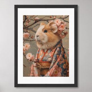 Guinea Pig Painting in Japanese Kimono with Cherry Framed Art