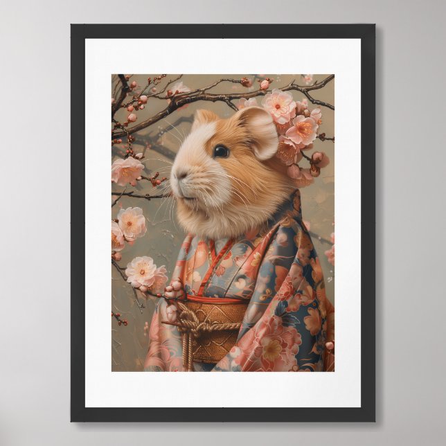 Guinea Pig Painting in Japanese Kimono with Cherry Framed Art (Framed Front)