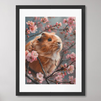 Guinea Pig Painting with Cherry Blossoms in Spring Framed Art