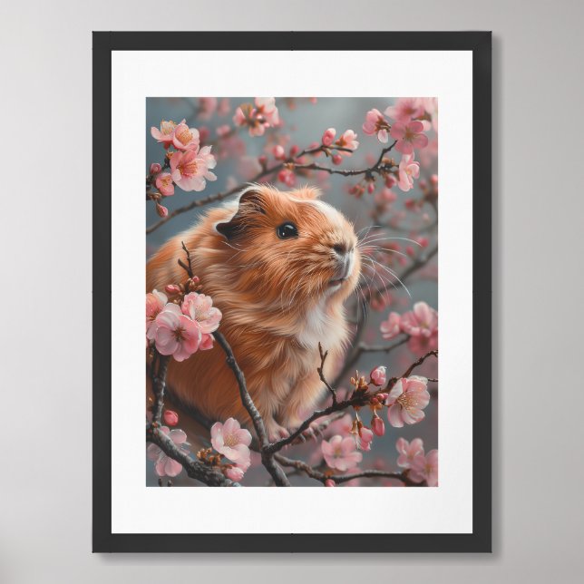 Guinea Pig Painting with Cherry Blossoms in Spring Framed Art (Framed Front)