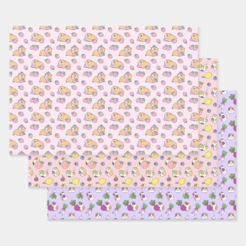 Guinea pig pattern set of three wrapping paper sheets