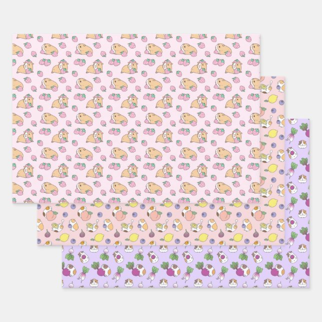 Guinea pig pattern set of three wrapping paper sheets (Set)
