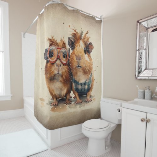 Guinea Pig Pet Cute Couple Watercolor Art Bathroom Shower Curtain