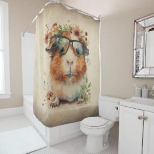 Guinea Pig Pet In Glasses Watercolor Floral Art Shower Curtain