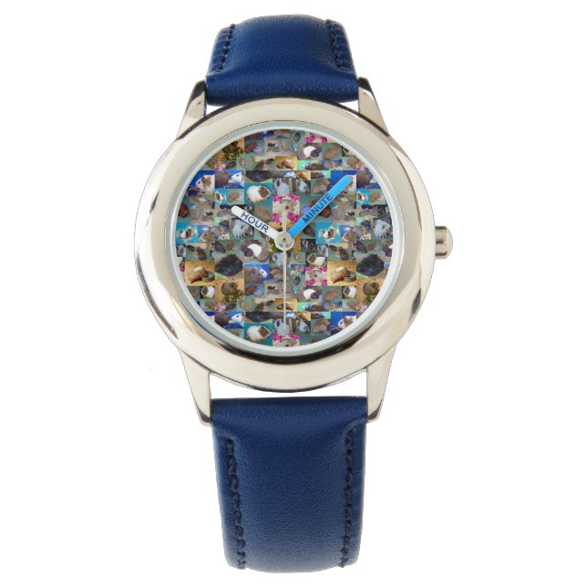 Guinea Pig Photo Collage, Kids Blue Leather Watch (Front)