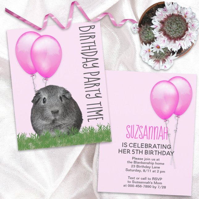 Guinea Pig Pink Balloons Custom Birthday Invitation (Creator Uploaded)