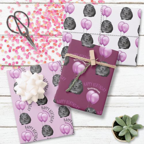  Guinea Pig Purple Balloons Custom Name Birthday Wrapping Paper Sheets