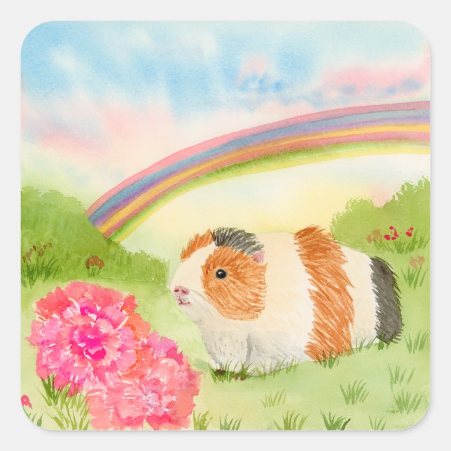 Guinea Pig Rainbow with Carnations  Square Sticker (Front)