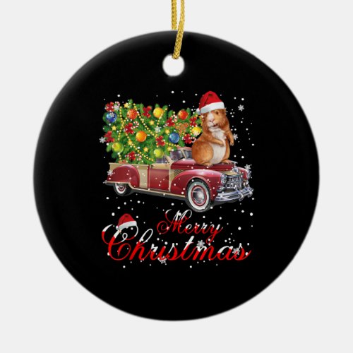 Guinea Pig Rides Red Truck Christmas Ceramic Ornament