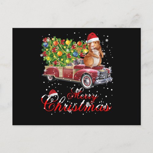 Guinea Pig Rides Red Truck Christmas Postcard