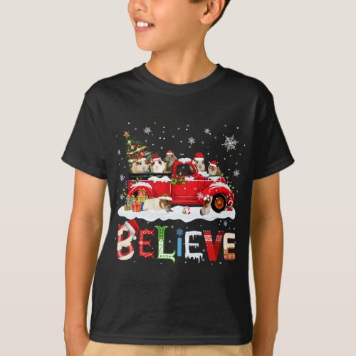Guinea Pig Riding Red Truck Christmas Tree Believe T_Shirt