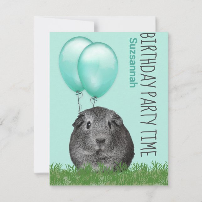 Guinea Pig Teal Balloons Custom Birthday Invitation (Front)