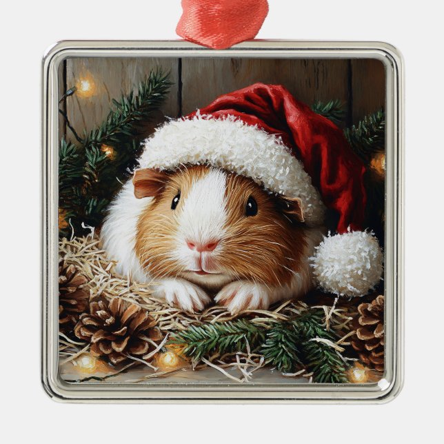 Guinea Pig Wearing a Santa Hat Metal Ornament (Front)
