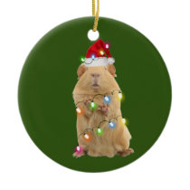 Guinea Pig With Hat Lights Christmas Ceramic Ornament