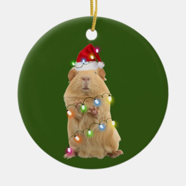 Guinea Pig With Hat Scaft Christmas Ceramic Ornament (Front)