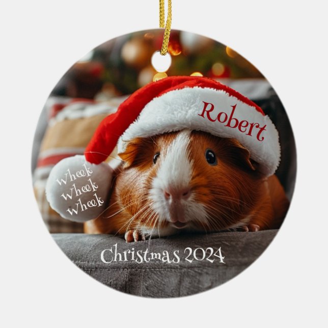 Guinea Pig with Santa Cap Personalized Ornament (Front)