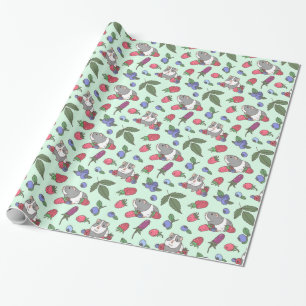 Guinea Pigs and Berries Pattern in Mint Green Wrapping Paper