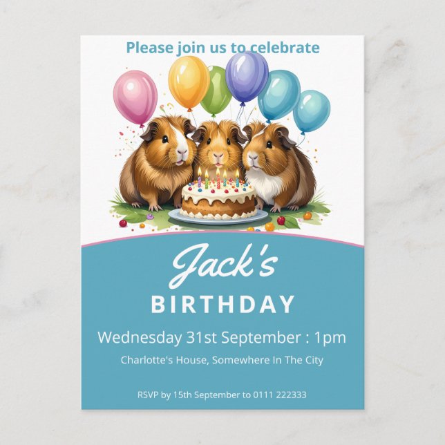 Guinea Pigs Birthday Party Invitation Postcard (Front)