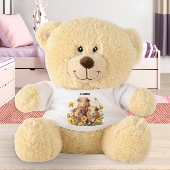Guinea Pigs Cute Cavy Animal Themed Personalized Teddy Bear (An adorable personalized teddy bear, featuring cute guinea pigs and flowers in a watercolor style)