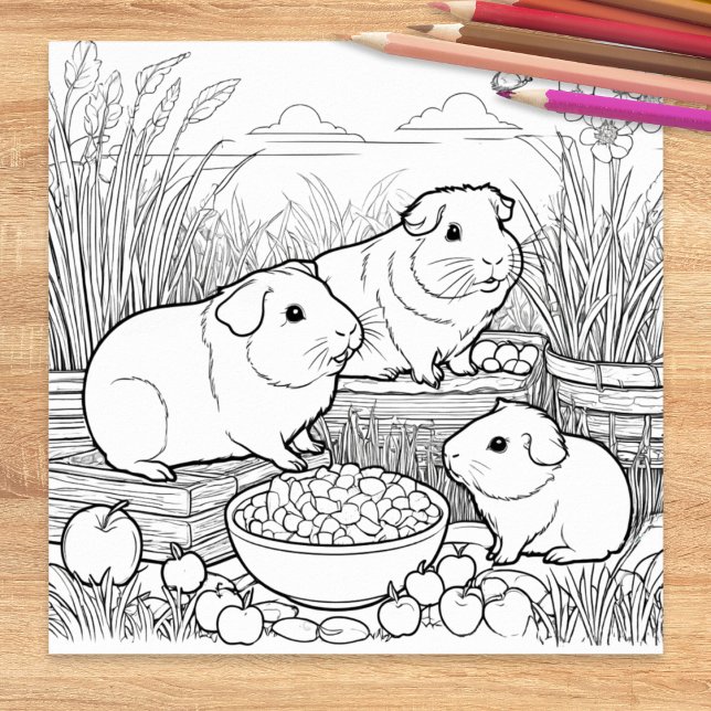 Guinea Pigs Cute Pet Animals Coloring Poster (A cute picture to color, featuring three guinea pigs with their food)