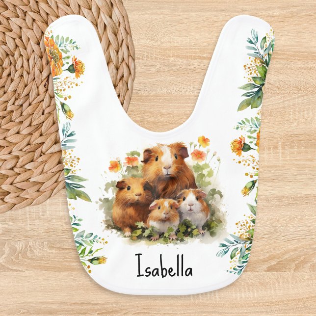 Guinea Pigs Cute Whimsical Animals Custom Name Baby Bib (A baby bib with watercolor illustration of guinea pigs. Personalize with baby's name)