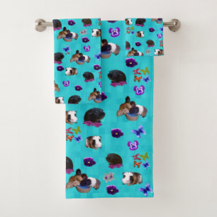 Guinea Pigs, Flowers And Butterflies On Aqua, Bath Towel Set