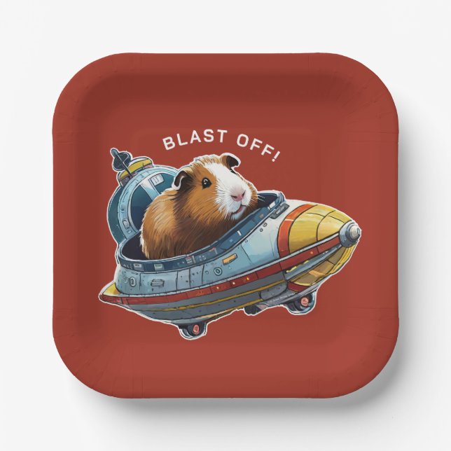 Guinea Pigs in Space! Retro Astronaut Explorer Paper Plates (Front)