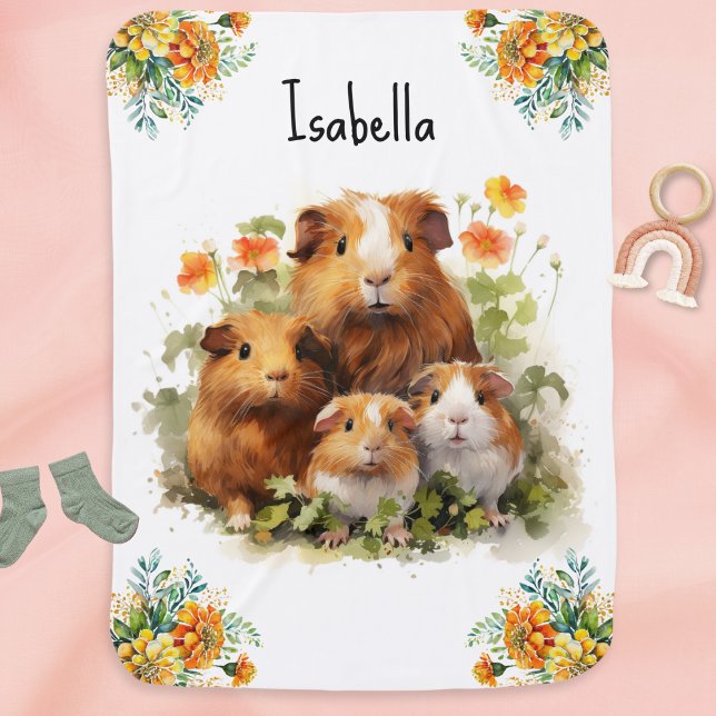Guinea Pigs Marigold Flowers Cute Personalized Baby Blanket (A personalized baby blanket, with illustration of guinea pigs and flowers)