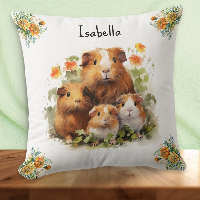 Guinea Pigs Marigold Flowers Cute Personalized Throw Pillow (A cute personalized pillow, with illustration of four adorable guinea pigs among flowers)