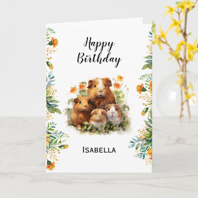 Guinea Pigs Marigold Flowers Personalized Birthday Card (Yellow Flower)