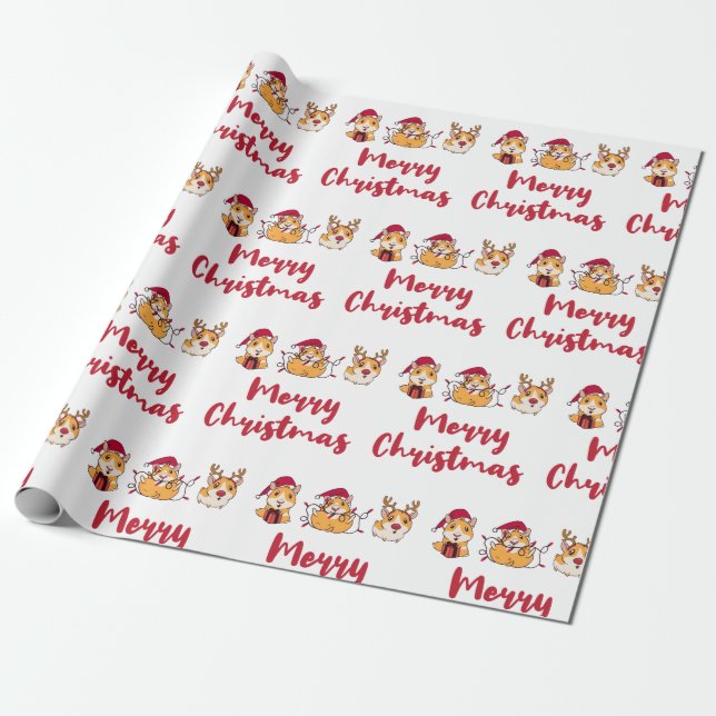 Guinea Pigs Merry Christmas Fun Red Hats Funny Wrapping Paper (Unrolled)